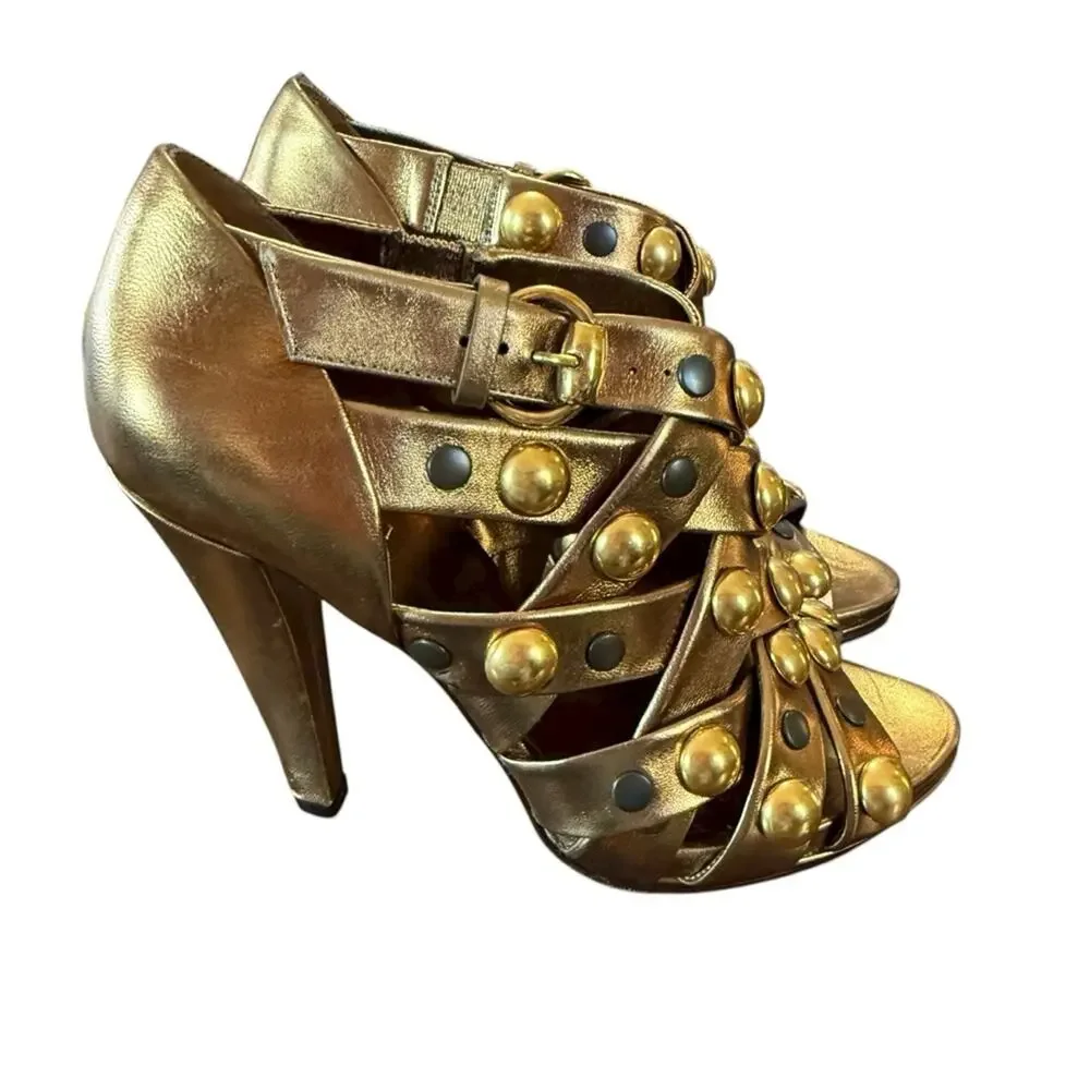 Gucci Gold Leather Babouska Strappy Caged Heeled Sandals EU 37 US 7